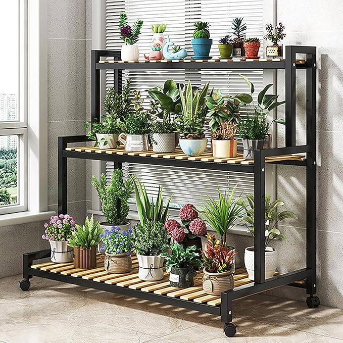 4-Tier Metal Flower Stand with Bamboo Shelves - Decorative Indoor Plant Holder Ladder for Succulents, Home Décor, Garden Display, Stylish Wooden Plant Stand