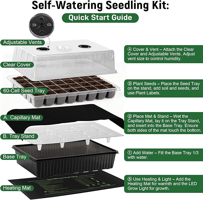 DazSpirit 60-Cell Self-Watering Seed Starter Kit with Grow Light and Heat Mat, Seedling Tray with Humidity Dome, Indoor Plant Germination Tray for Beginners - Grow Tomatoes, Peppers, Herbs & Flowers