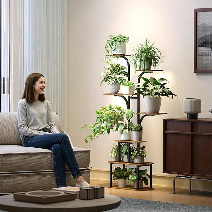 Tall Plant Stand with Grow Lights – 8 Tier 63" Metal and Wooden Indoor Flower Shelf Rack, Adjustable Large Corner Organizer for Living Room or Home Gardening Display