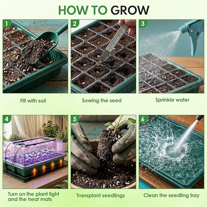 Biupky 2 Set 40-Cell Seed Starter Trays with 1 Set of Grow Light and 25 x 50 cm Seedling Heat Mat, 3.6" Higher Cover, Adjustable Vents, Drainage Holes, Green Propagation Tray for Planting Seeds