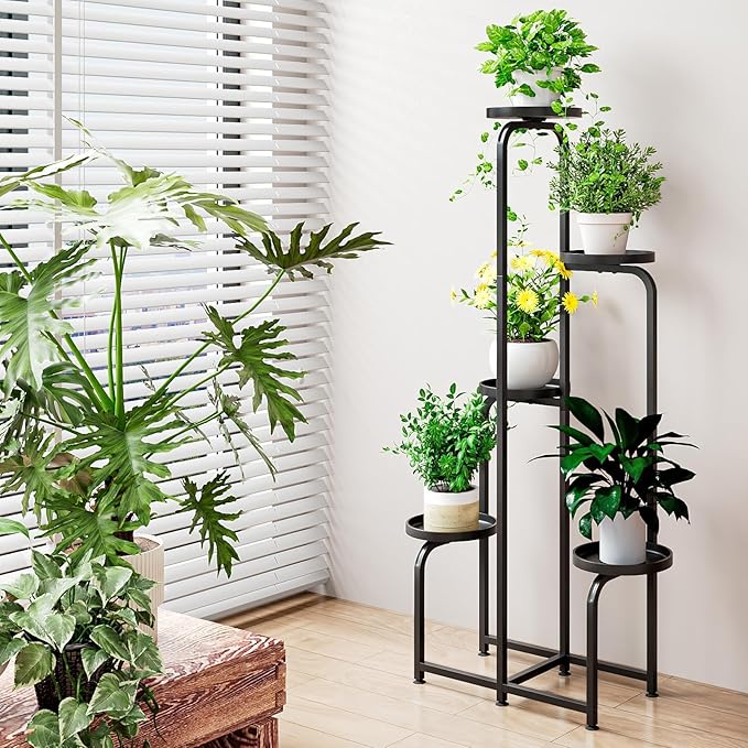 INGIORDAR Plant Stand Indoor Outdoor 5 Tier Metal Plant Shelf for Multiple Plants Corner Flower Holders for Living Room Balcony Bedroom Patio Garden, Black (Black, 5-Tier)