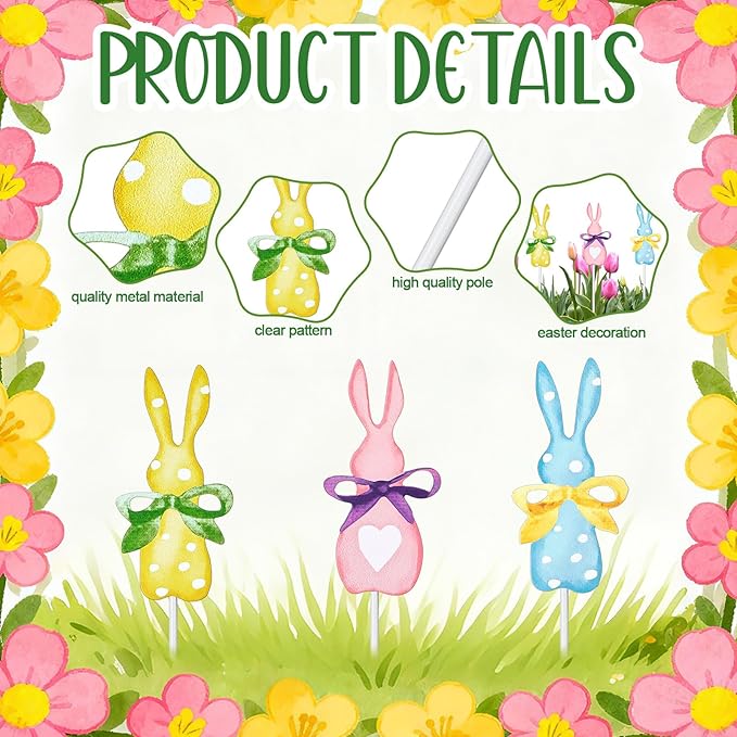3 Pack Pastel Easter Planter Stakes Bunny Shaped Garden Signs Polka Dot Rabbit Decorative Spring Plant Sticks Bunny Outdoor Decor for Easter Patio Yard Lawn Planter Supplies