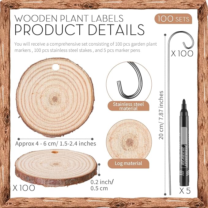 Wenqik 100 Pcs Wooden Plant Labels Plant Labels Bulk Garden Markers Garden Label Stakes Plant Sign Tags with Stainless Steel Stake and Marker Pen for Flowers, Potted Plants, Seed, Herbs