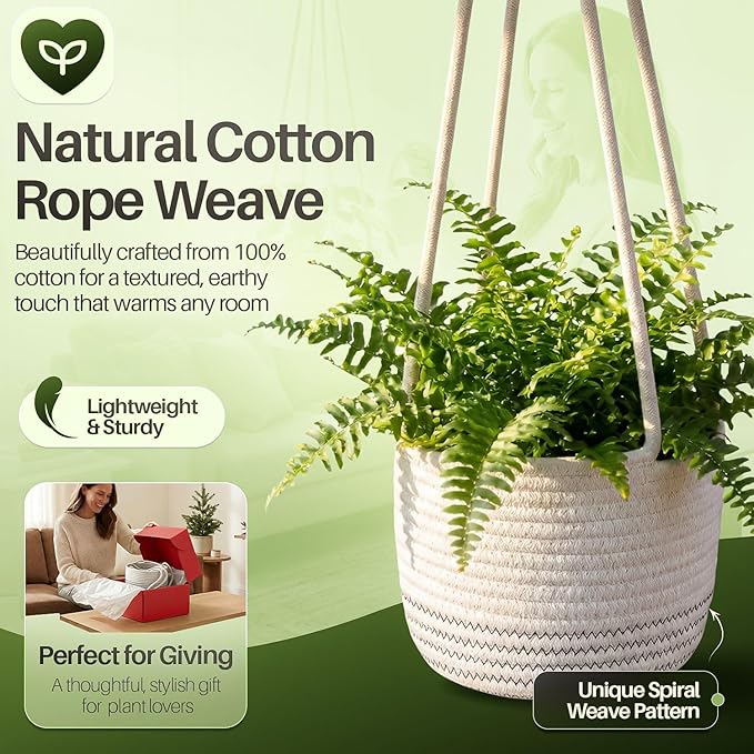 Flexzion Macrame Plant Hanger Basket for Indoor Plants - 8 Inch Jute Rope Planter Pot Cover, Woven Hanging Plant Holder Up to 7 Inch Pots, Boho Hanging Planters Home Decor Storage Organizer (White)