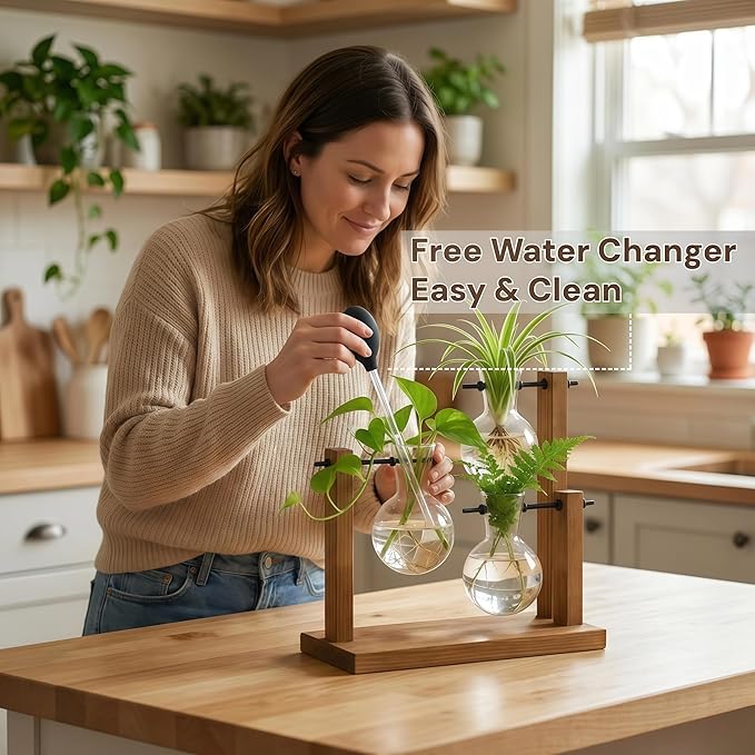 Plant Propagation Station with Glass Propagation Vases, Plant Propagation Jars in Wooden Stand, Hydroponic Vase for Plant Cuttings, Decorative Propagation Station for Home Desk Office