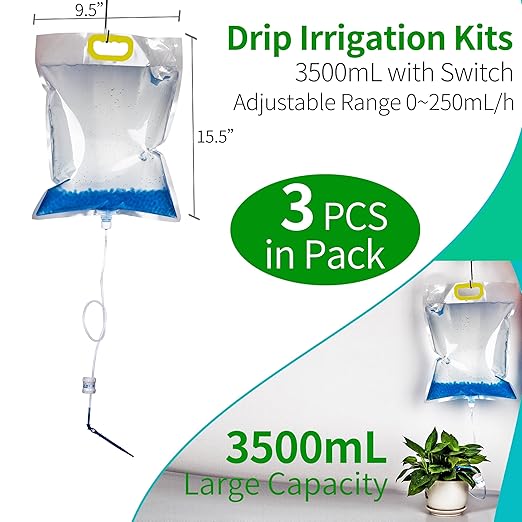 3.5L Automatic Plant Watering System, Self Watering Drip Bags with Adjustable Flow, Plant IV Bag 90 Degree Angled Plug, Vacation Waterer for Indoor Outdoor Potted Plants, Herbs, Bonsai, 3 Pack