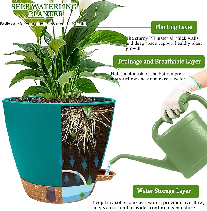 2 Pack 8 inch Plant Pots, Plastic Self Watering Planters with Drainage Holes, Deep Reservoir, Water Level Indicator, Modern Decorative Flower Pots for Indoor Outdoor Plants (Turquoise)