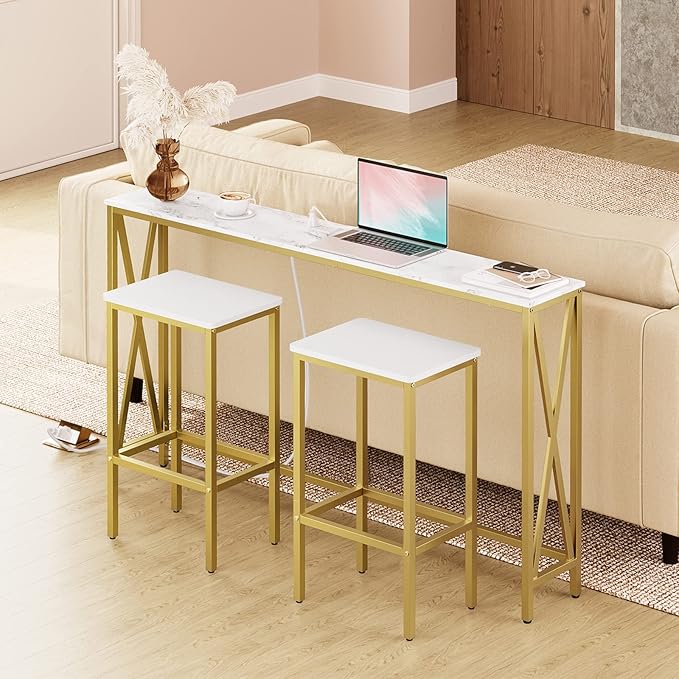 MAHANCRIS Bar Stools, Set of 2 Bar Chairs, Kitchen Breakfast Bar Stools with Footrest, 25.8-Inch Height, Rectangular Industrial Stools, for Dining Room, Easy Assembly, White and Gold BAJW0101