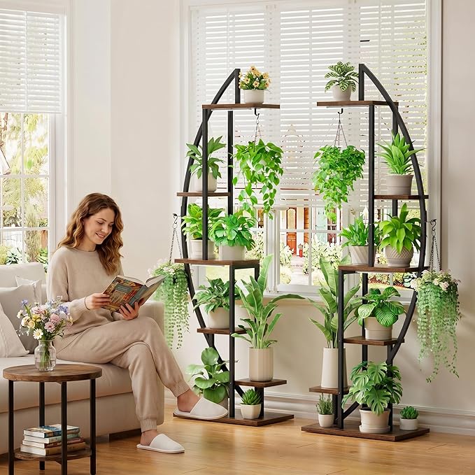 BACEKOLL Plant Stand Indoor with Grow Lights, 6 Tiered Tall Plant Shelf, 63" Metal Plant Stand for Indoor Plants Multiple, Half-Moon Plant Rack Display Shelf, 2 Pcs Plant Holder for Living Room, Patio