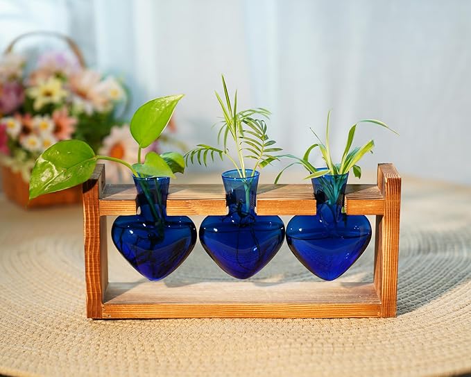 Kingbuy 3-Heart Plant Terrarium Kit with Vintage Wood Stand - Stained Glass Vase Propagation Station, Wall-Mounted & Tabletop Indoor Decor for Home Kitchen Wedding Gift, Blue