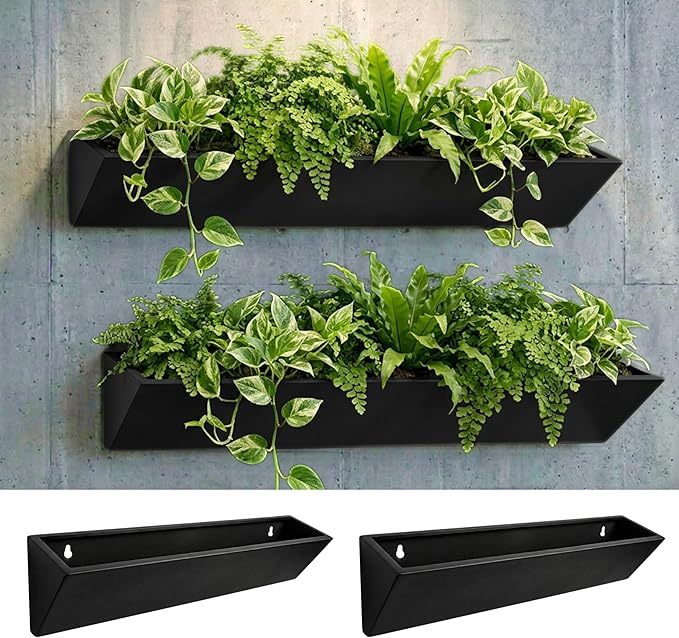 LaLaGreen Outdoor Wall Planters (30 Inch, 2 Pack) Triangle Black Carbon Steel Metal Hanging Flower Pots for Succulents, Large Geometric Wall Mounted Plant Holders, Unique Vertical Garden Home Decor