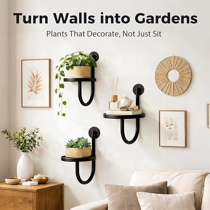 Wall Plant Holders for Indoor Plants, 3 Pack Metal Wall Mounted Plant Shelves，Modern Window Plant Hanger, Space Saving Hanging Planters for Living Room Bedroom Kitchen Bathroom Office Decor, Black