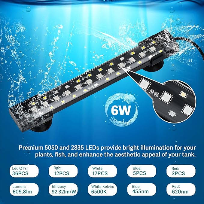 hygger 24/7 Mode Submersible Aquarium LED Light, Full Spectrum Hidden Fish Tank Light with 3 Rows Beads 7 Colors Auto On Off Sunrise-Daylight-Moonlight, Adjustable Timer Brightness