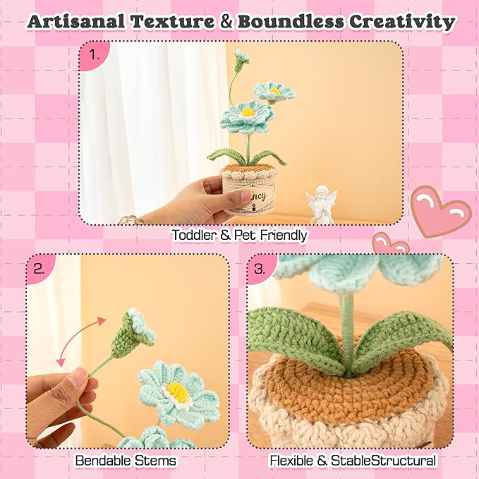 Crochet Flowers with Personalized Leather Name Tag Handmade Knitted Flowers for Home Office Desk Decor Crochet Zinnia Potted Plant for Women Crochet Everlasting Flower Birthday Gifts(Blue)