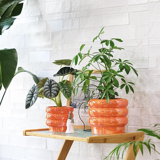 7.8 Inch Ceramic Plant Pots for Indoor Plants, Rainbow Pearl Glaze Planter with Planters for Plants with Drainage Hole, Orchid Pots, Succulent Pot, Flower Pot (Orange)