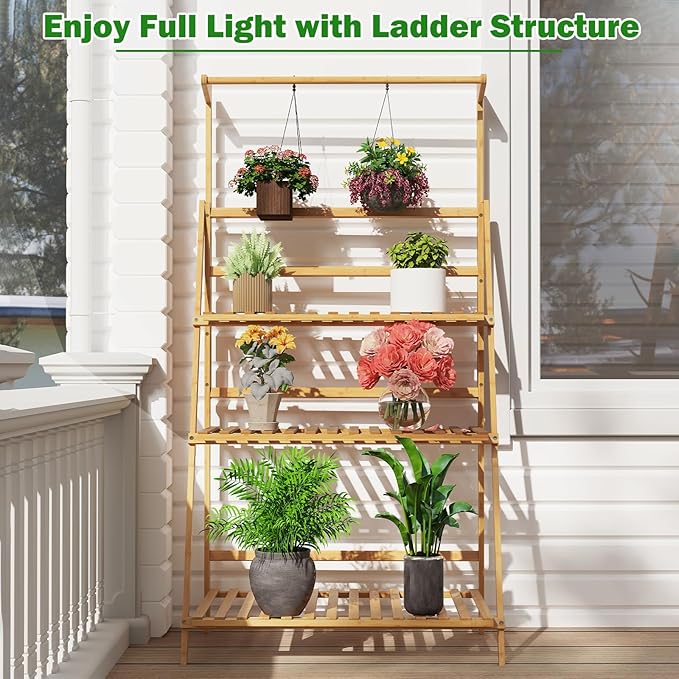 Giantex Plant Stand Indoor Outdoor - Bamboo 3-Tier Hanging Tall Ladder Flower Pot Display Organizer Rack w/Height Adjustable Rod, Folding Plant Shelf Holder for Living Room Corner Patio Garden Balcony