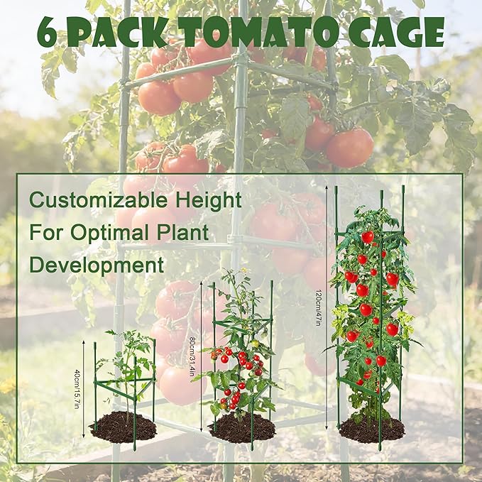 6Packs Tomato Cages, Tomato Trellis for Raised Garden Bed Adjustable Plant Support for Climbing Plants Outdoor Triangle or Square Stake Support for Tomatoes, Vine Climbing Plant(Up to High: 47.2'')