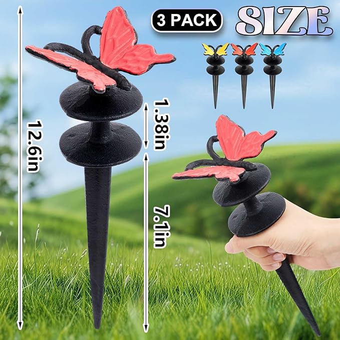 Tandefio 3 Pcs Colorful Butterfly Garden Hose Guide Stakes, Heavy Duty Decorative Antique Black Cast Iron Metal Hose Guides, Plant Protector for Lawn Yard Flower Bed
