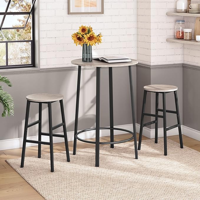 MAHANCRIS Bar Stools, Set of 2 Round Bar Chairs with Footrest, 24.4 Inch Kitchen Breakfast Bar Chairs, Industrial Bar Stools, Easy Assembly, for Dining Room, Kitchen, Greige BAHG0201Z