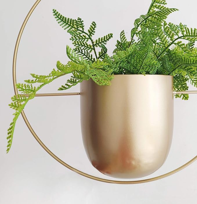RISEON Boho Gold Metal Plant Hanger,Metal Wall and Ceiling Hanging Planter, Modern Planter, Mid Century Flower Pot Plant Holder, Minimalist Planter for Indoor Outdoor Home Decor