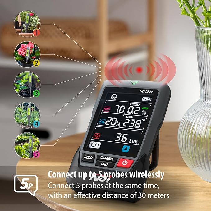 NDI Multifunctional Soil Meter,up to 5 Probe with Wireless Transmission,pH, Salinity, Temperature,Light Intensity with Acoustic Wave Growth Assistance, for Gardening, Landscaping, and Soil Testing