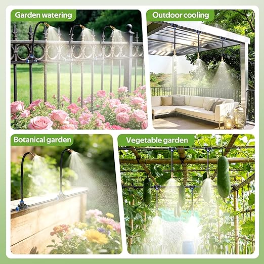 HIRALIY 360° Adjustable Drip Irrigation System 165FT, 1/4" Tubing with Adjustable Copper Nozzles, Automatic Atomizing Watering Kit for Garden, Yard, Lawn, Greenhouse & Potted Plants