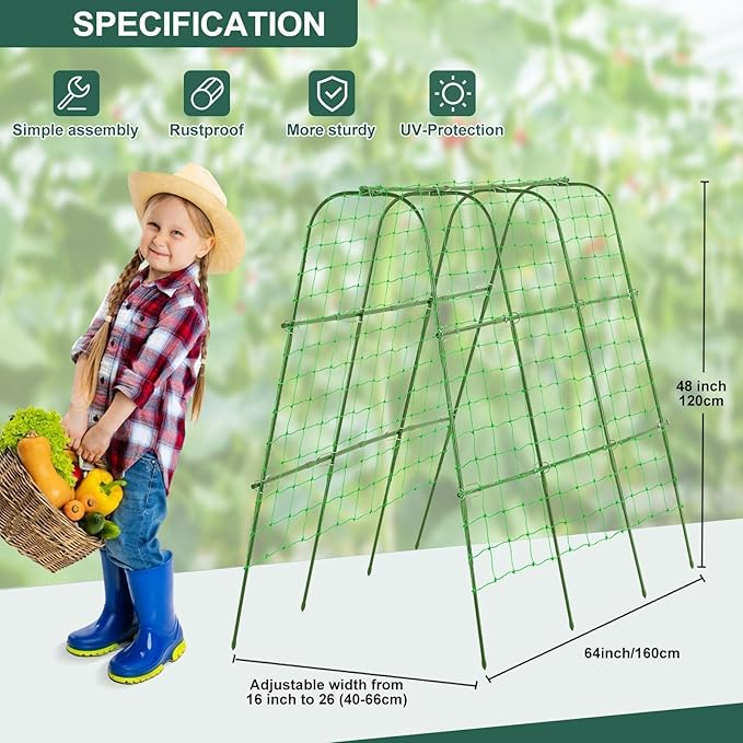 FOLLOOK Outdoor Trellis for Climbing Plants Arch Tunnel U-Frame Trellis with Plant Support Clips for Grape Zucchini Plant Metal Tall, Green, MWM-11-U-120x160-GREEN