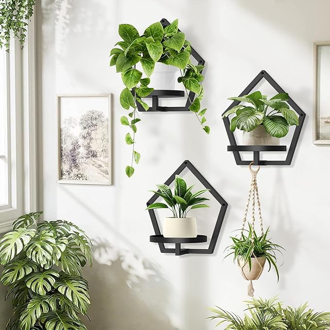 3 Packs Wall Hanging Planters for Indoor Plants, 7.9inch Metal Wall Plant Holder Hanger Wall Decor, Wall-Mounted Hanging Planters Window Plant Shelves Outdoor(Black)