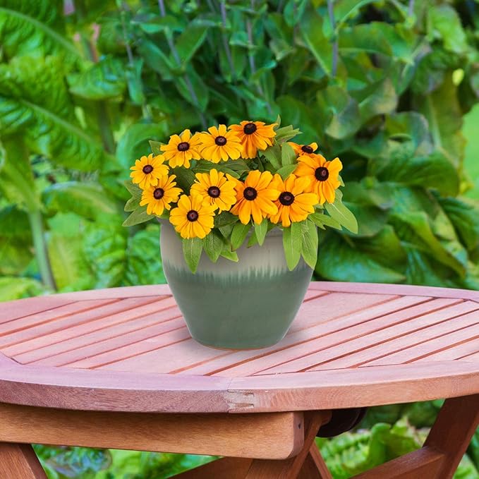 Sunnydaze Round Ceramic Planter - Set of 2 Indoor or Outdoor Plant Pots with Drainage Hole - Chalet - 12" - Seafoam Glaze