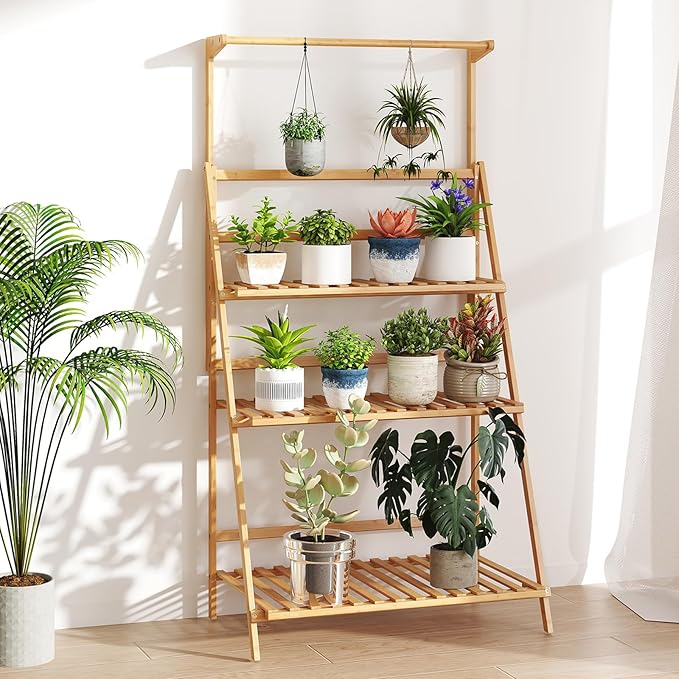 Giantex Plant Stand Indoor Outdoor - Bamboo 3-Tier Hanging Tall Ladder Flower Pot Display Organizer Rack w/Height Adjustable Rod, Folding Plant Shelf Holder for Living Room Corner Patio Garden Balcony