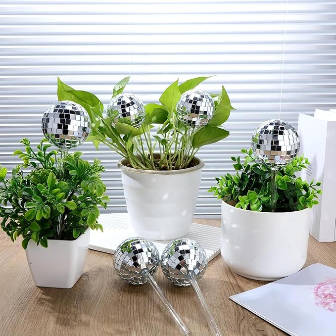 2 Pcs Plant Watering Globes with Disco Ball Decor,Self Watering Bulbs,Self Watering Globes,Sliver Glass Mirror Disco Ball Plant Aqua Bulb,Watering Stakes Spikes Water Bulbs for Indoor Outdoor Plant