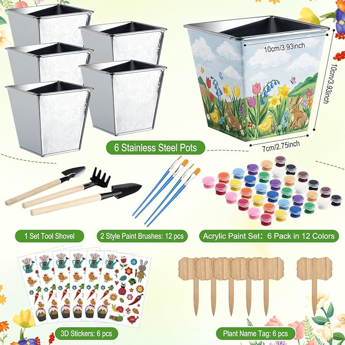 6 Sets Garden Flower Pots Crafts Kit DIY Spring Stainless Steel Pots with Acrylic Paint Stickers Brushes Plant Labels Gardening Tools Kit for Planting Crafts Spring Birthday Easter Gift