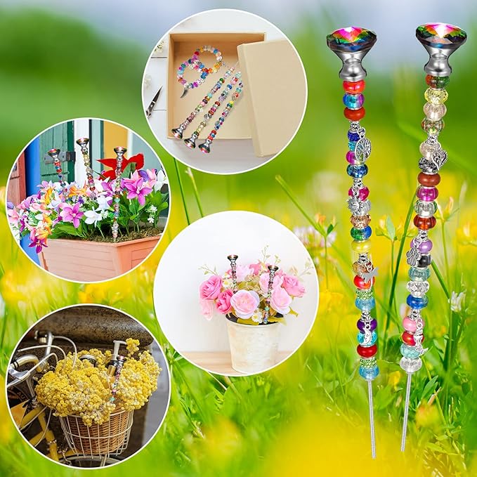 MTLEE 101 Pcs DIY Fairy Mini Wand Garden Beaded Stakes Kit Decorative Beaded Garden Stakes with Diamond Stopper Top Multiple Color Round Glass Bead with Pendant Silver Bead for Outdoor Decoration