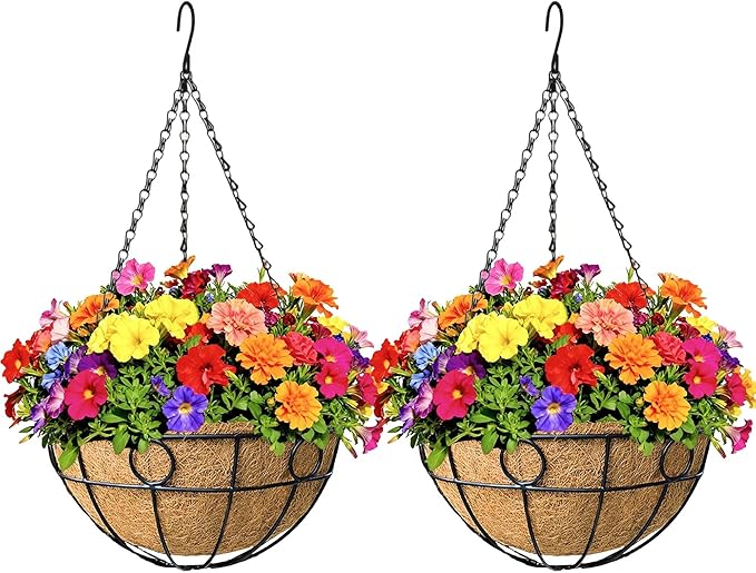 2 Pack 12 inch Black Round Metal Wire Hanging Planter Basket Outdoor Hanging Baskets Indoor with Coco Liner Pot Plant Holder for Home Garden Balcony Decor