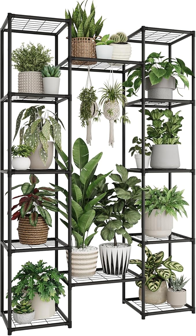 GENTINGBRO Metal Plant Stand Outdoor 62.2" Tall Plant Shelf for Plants 12 Pots Large Plant Sheves for Indoor Plants Living Room Heavy Duty Rack Garden Balcony Patio Hanging Planter