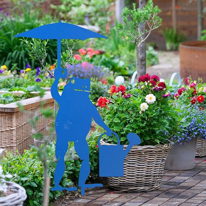 Rusty Metal Frog Garden Stake Funny Frog with Umbrella Rustic Nature Animal Country Weathered Iron Lawn Ornament Farm Yard Outdoor Decor, Royal Blue