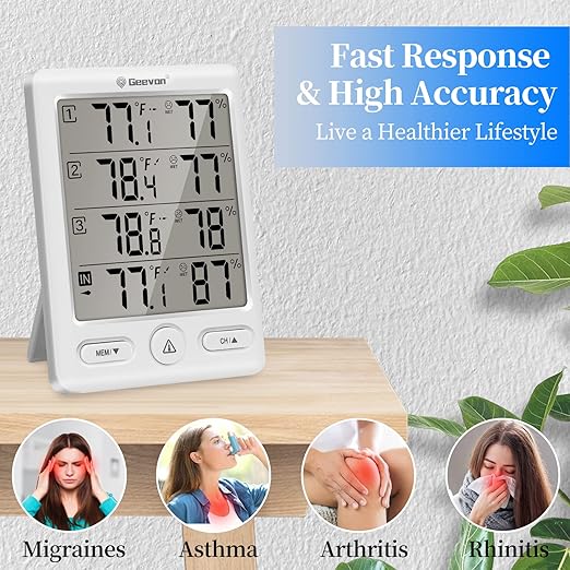 Geevon Indoor Outdoor Thermometer Wireless with 3 Remote Sensors, Digital Hygrometer Indoor Thermometer, Temperature Humidity Monitor Gauge with 200FT/60M Range