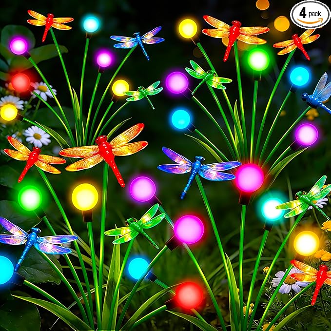 4 Pack Dragonfly Decorative Garden Stakes, 16Pcs 3D Dragonfly Decorations with Multicolor Solar Firefly Lights Realistic Dragonflies Solar Lights Outdoor for Yard Art Patio Plant Pot Flower Bed Lawn