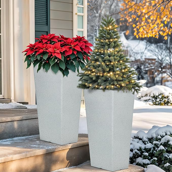 Autodaya 28" Tall Planters for Outdoor Plants, Extra-Large White Flower Pots for Blaconl, Porch, Living Room Corner, Garden, Patio, Deck Decor