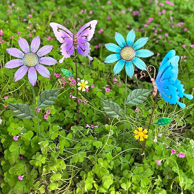 Metal Flowers for Outside, 16.15" 4-Pack Metal Colorful Butterfly & Flower Decorative Garden Stakes for Spring Garden Decor, Shaking Head Yard Art Decorations for Patio Lawn Ornaments