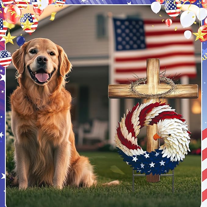 Amyhill 4th of July Outdoor Decor Patriotic Eagle Cross Metal Garden Stakes 250th Anniversary Welcome Yard Signs Decorations Red White Blue Garden Stakes for Independence Patio Lawn Walkway Outside