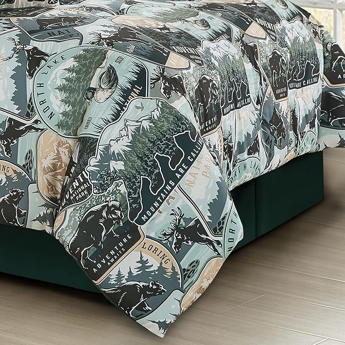 Chezmoi Collection Bishop 3-Piece North Lake Motif Comforter Set - Multicolor Blue Green Brown Black Printed Washed Cabin Lodge Microfiber Bedding, King