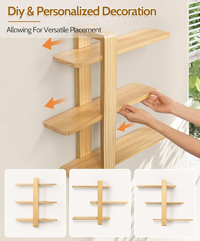 SUMGAR Floating Shelves for Wall Wood Mounted Shelving Unit All Pine Natural Wooden 3 Tier Large Shelf for Bedroom Living Room Office Bathroom Home Decoration Storage Plant Photo Display Modern 20in