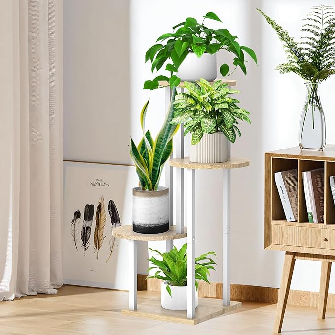 4 Tier Wood Tall Plant Stand Metal Rack Indoor, Multiple Flower Pot Holder Shelves Corner Rack, Round Planter Shelf Display Rack Storage Organizer for Patio Living Room Balcony(White+Oak)