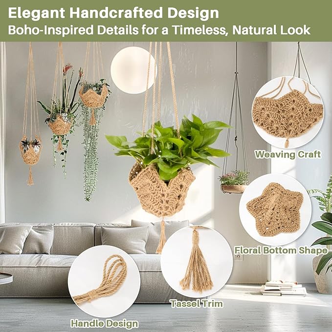 RAINFLOW Macrame Plant Hangers Indoor - 2 Packs Hanging Planters for Indoor Plants Boho Plant Hangers Hanging Plant Holder for Boho Home Decor Made of Jute with 2 Hooks