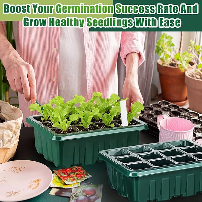 24 Pack Seed Starter Tray Seedling Kit with Adjustable Humidity Dome and Base Indoor Plant Germination Tray Mini Greenhouse Germination Kit Planter Starter for Plant Growing Starting
