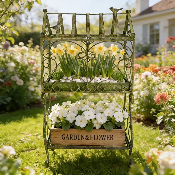 Vintage 2-Tier Metal Plant Stand House Shape Planter, 24"H Distressed Green Plant Holder Decorative Planter Shelf for Ferns, Succulents, Air Plants, Small Potted Plants, Farmhouse Indoor Home Decor