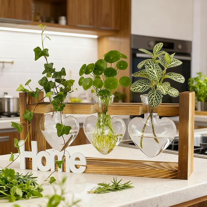 IBEUQEM Heart-Shaped Plant Propagation Station, 3 Glass Plant Terrarium with Wooden Stand, Borosilicate Glass, Hydroponic Planter for Office Garden Home Decor, for Women Lovers