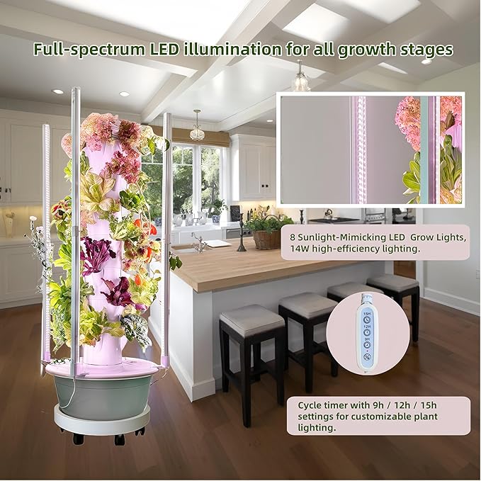 Hydroponics Growing System Kit with LED Grow Lights,8-Layer Vertical Garden Tower, 32 Pods Large Planting Sites, 8 Gallon Indoor Growing System for Vegetables, Herbs & Tomatoes, Pump&Dual Timer