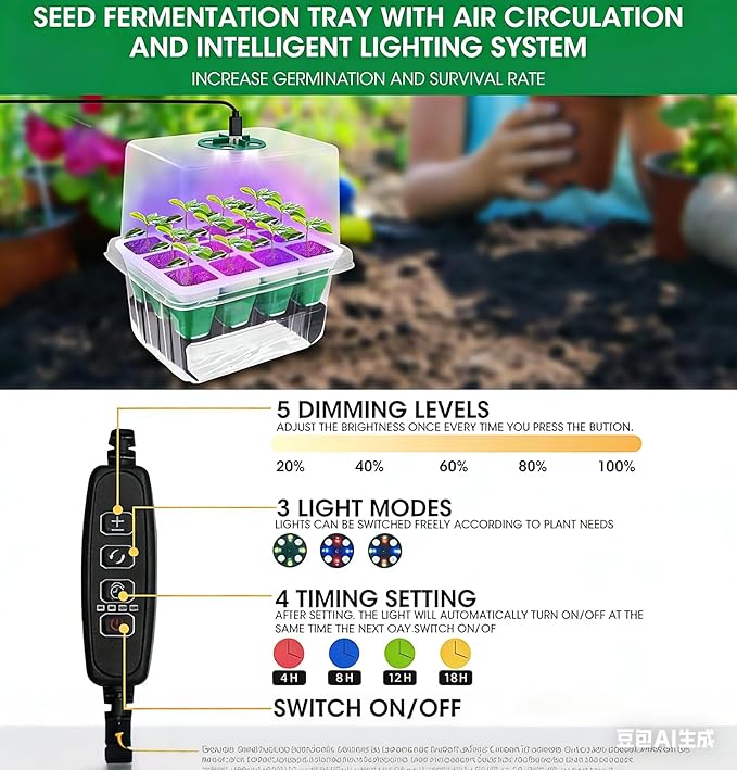 MYMULIKE Seed Starter Tray with Grow Light,5 Pack 60 Cells Seedling Tray Kit Reusable & Dishwasher Safe for Starting Vegetable, Flower & Herb Seeds Indoor Grow Kit for Deep-Rooted Seedlings